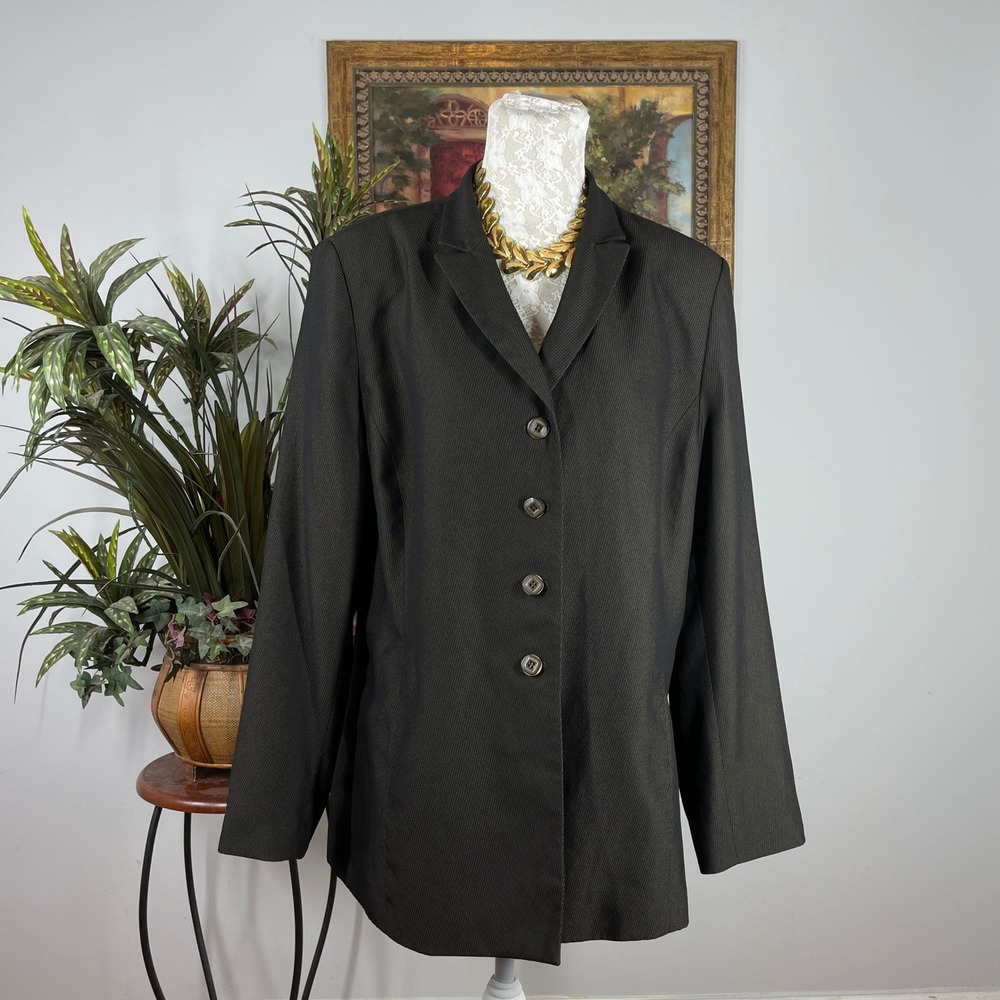 Le Suit Blazer Women 18 Black Polyester Rayon Pinstripe Four Button Front